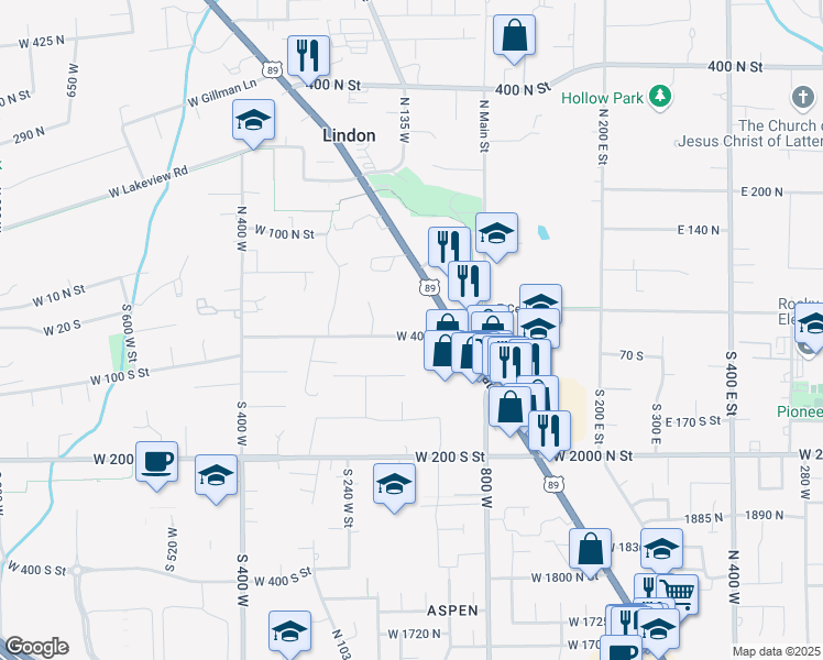 map of restaurants, bars, coffee shops, grocery stores, and more near 108 West 40 South Street in Lindon