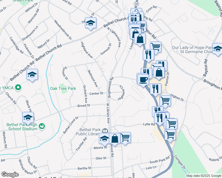 map of restaurants, bars, coffee shops, grocery stores, and more near 5043 Brightwood Road in Bethel Park
