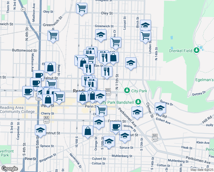 map of restaurants, bars, coffee shops, grocery stores, and more near 143 North 10th Street in Reading