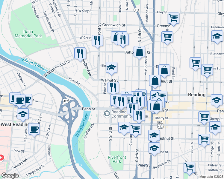 map of restaurants, bars, coffee shops, grocery stores, and more near 154 Nicole Way in Sinking Spring