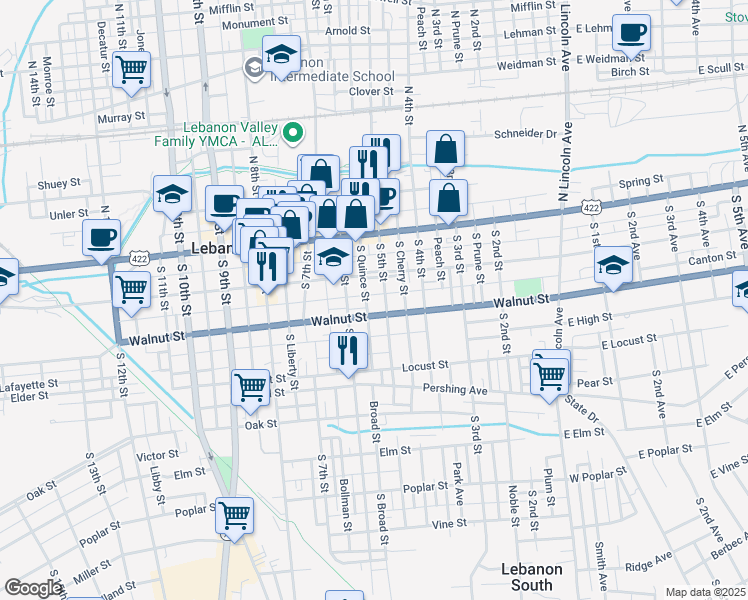 map of restaurants, bars, coffee shops, grocery stores, and more near 428 Chestnut Street in Lebanon