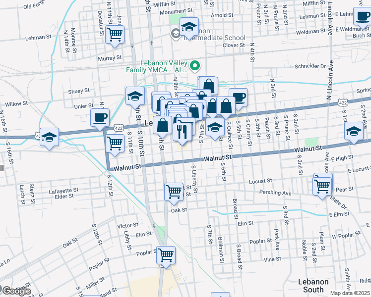 map of restaurants, bars, coffee shops, grocery stores, and more near 724 Chestnut Street in Lebanon
