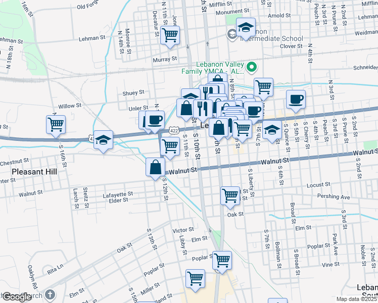 map of restaurants, bars, coffee shops, grocery stores, and more near 1001 Chestnut Street in Lebanon