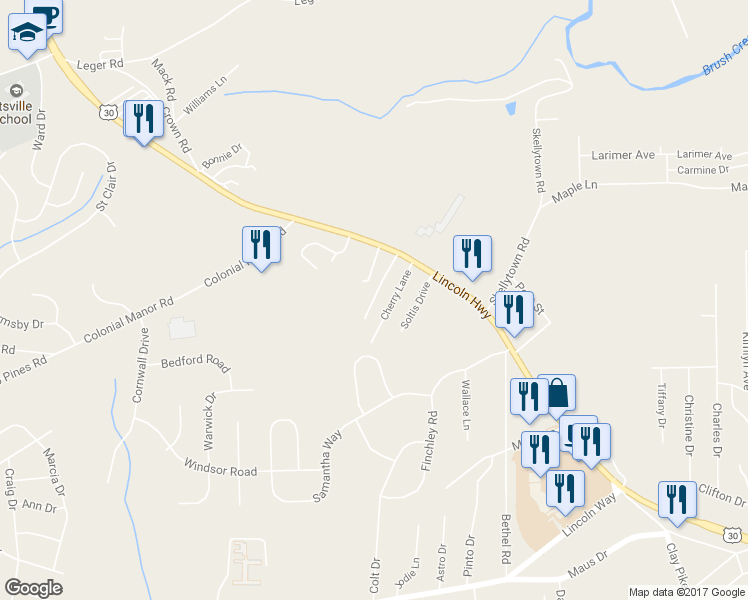 map of restaurants, bars, coffee shops, grocery stores, and more near 89 Shrader Lane in Irwin