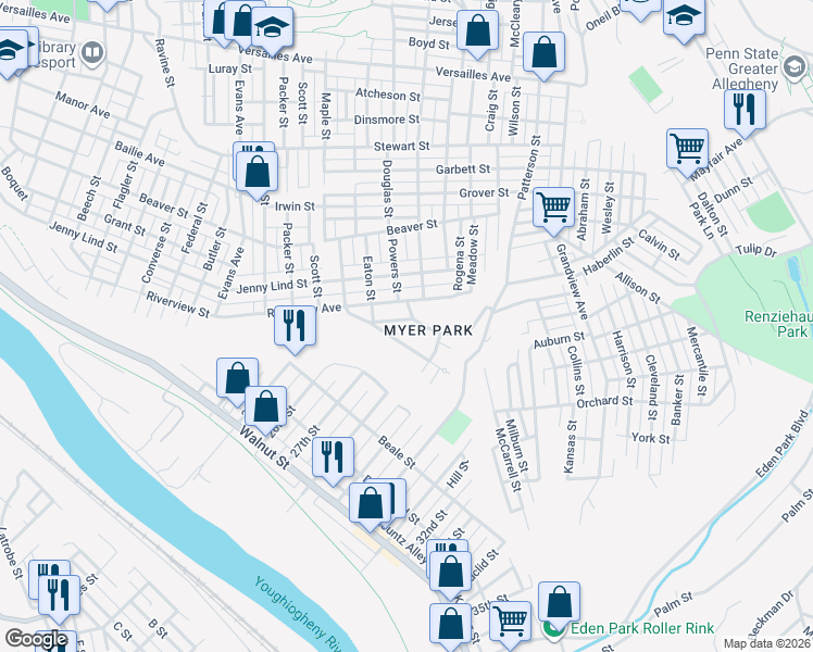 map of restaurants, bars, coffee shops, grocery stores, and more near 2812 Riverview Avenue in McKeesport