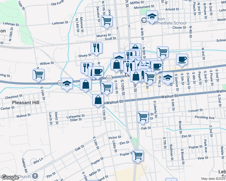 map of restaurants, bars, coffee shops, grocery stores, and more near 1110 Chestnut Street in Lebanon