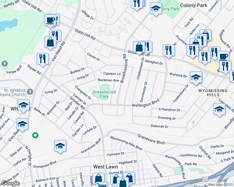 map of restaurants, bars, coffee shops, grocery stores, and more near 813 Apple Drive in Wyomissing