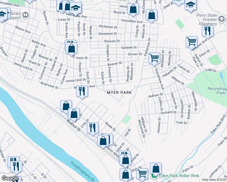 map of restaurants, bars, coffee shops, grocery stores, and more near 2812 Riverview Avenue in McKeesport