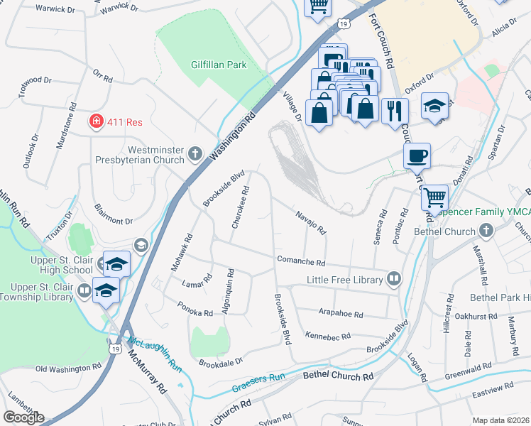 map of restaurants, bars, coffee shops, grocery stores, and more near 219 Brookside Boulevard in Pittsburgh
