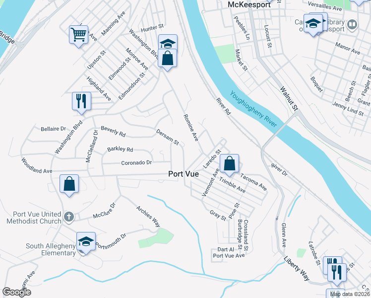 map of restaurants, bars, coffee shops, grocery stores, and more near 353 Dersam Street in McKeesport