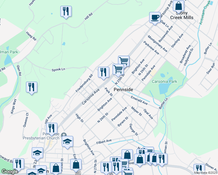 map of restaurants, bars, coffee shops, grocery stores, and more near 732 North 25th Street in Reading
