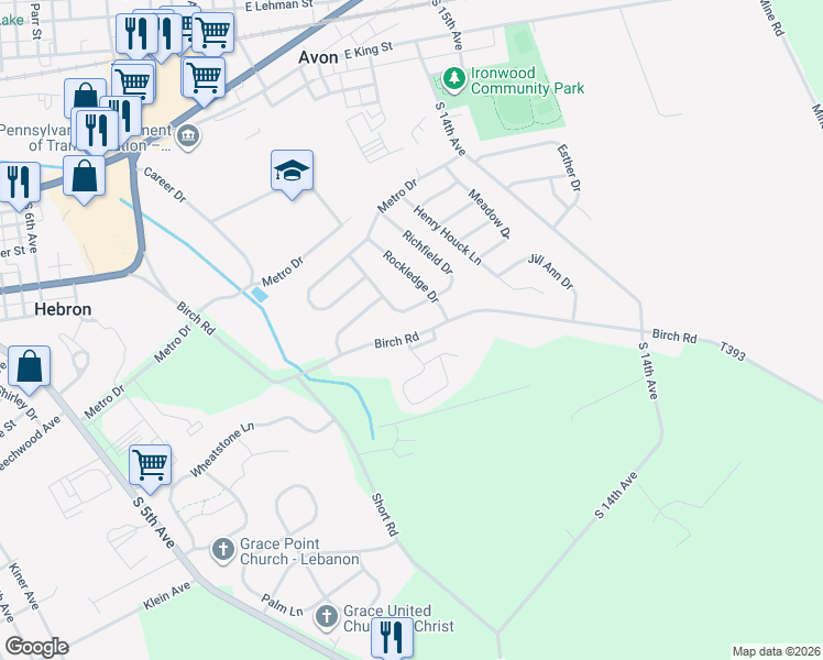 map of restaurants, bars, coffee shops, grocery stores, and more near 633 Progress Avenue in Lebanon