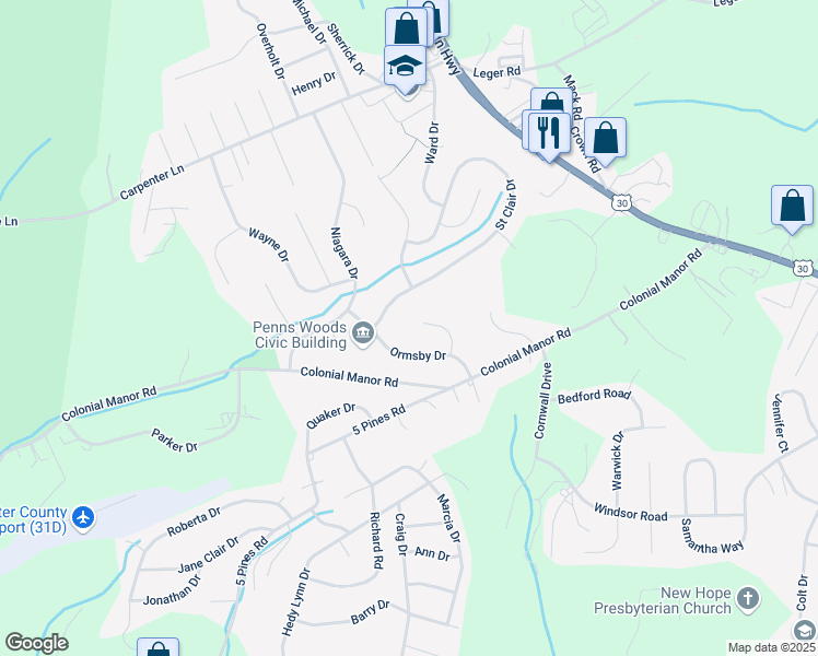map of restaurants, bars, coffee shops, grocery stores, and more near 13750 Saint Clair Drive in Irwin