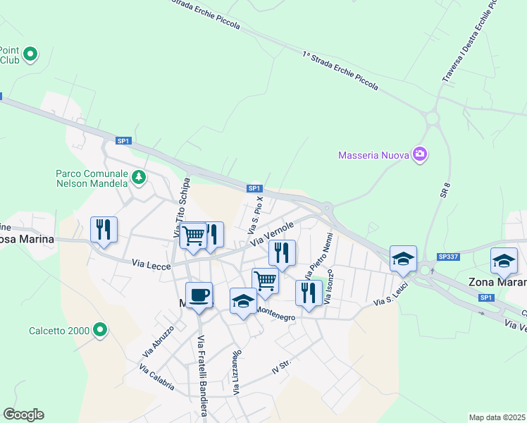 map of restaurants, bars, coffee shops, grocery stores, and more near 26 Via San Pio X in Merine