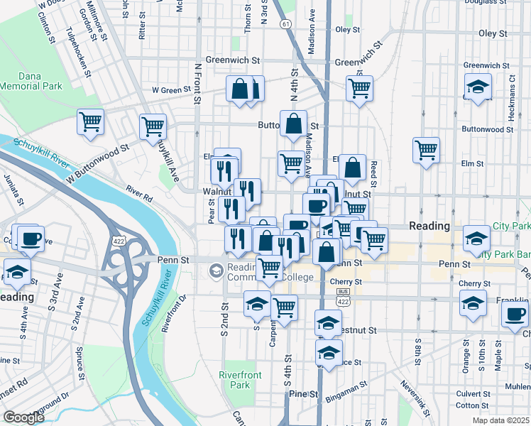 map of restaurants, bars, coffee shops, grocery stores, and more near 115 North 3rd Street in Reading