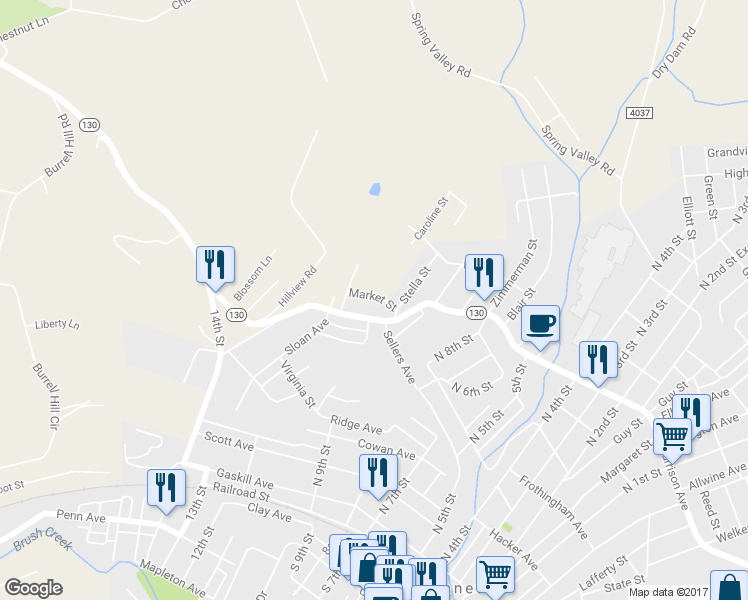 map of restaurants, bars, coffee shops, grocery stores, and more near 112 Market Street in Jeannette