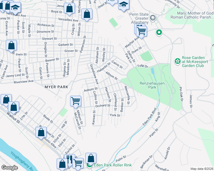 map of restaurants, bars, coffee shops, grocery stores, and more near 3603 Woodland Street in McKeesport