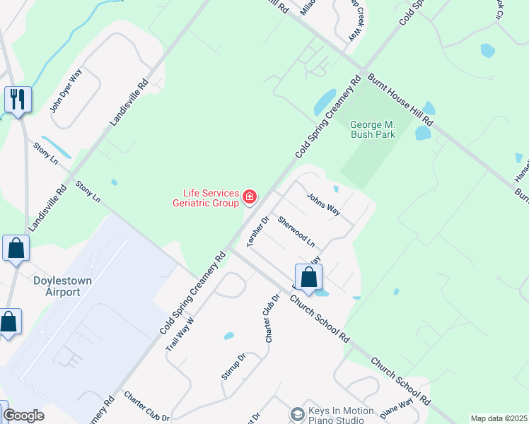 map of restaurants, bars, coffee shops, grocery stores, and more near 4188 Tersher Drive in Doylestown