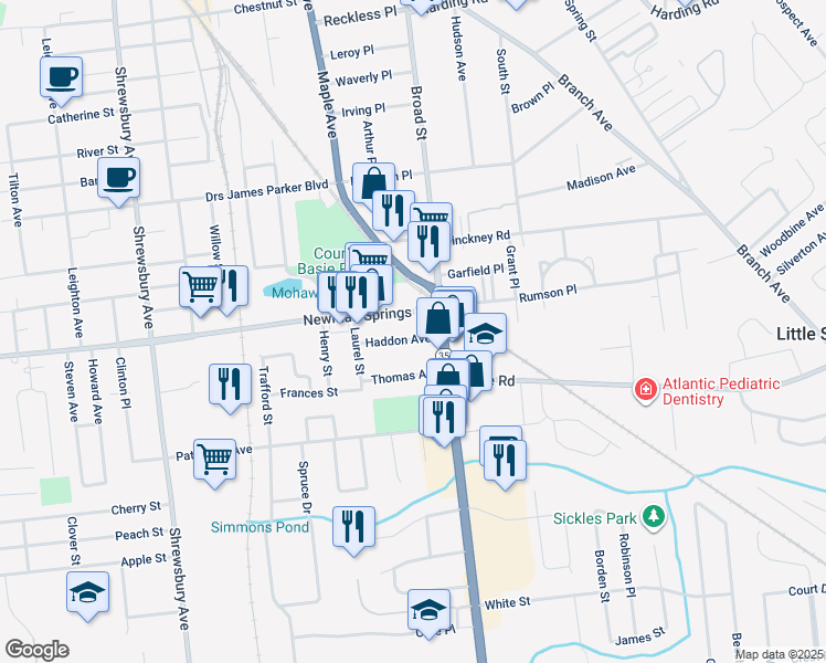 map of restaurants, bars, coffee shops, grocery stores, and more near 46 Newman Springs Road in Red Bank