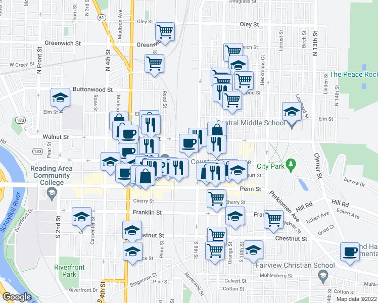 map of restaurants, bars, coffee shops, grocery stores, and more near 121 Poplar Street in Reading