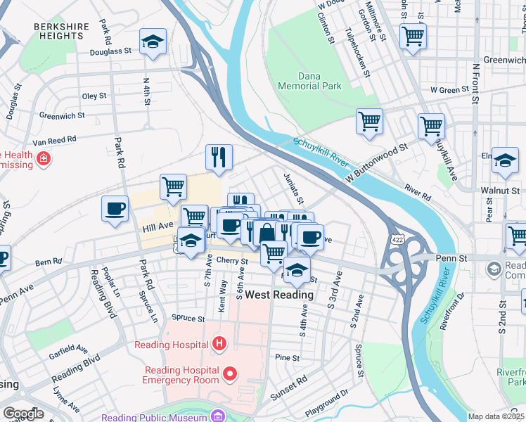 map of restaurants, bars, coffee shops, grocery stores, and more near 152 Tulpehocken Avenue in West Reading
