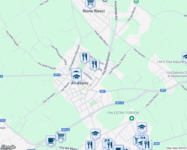 map of restaurants, bars, coffee shops, grocery stores, and more near 30 Via Galateo in Arnesano