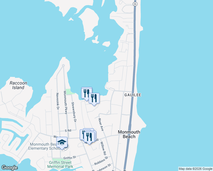 map of restaurants, bars, coffee shops, grocery stores, and more near 128 Wharfside Drive in Monmouth Beach