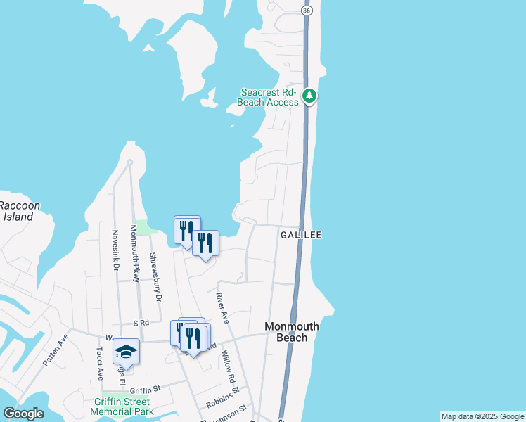 map of restaurants, bars, coffee shops, grocery stores, and more near 162 Wharfside Drive in Monmouth Beach