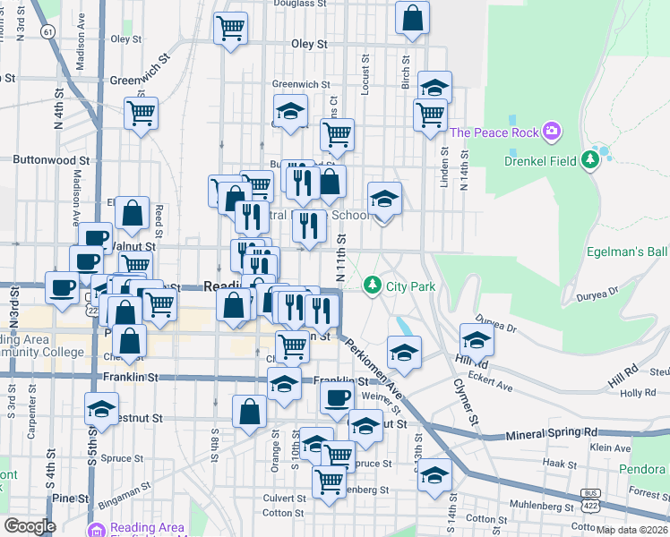 map of restaurants, bars, coffee shops, grocery stores, and more near 140 North 11th Street in Reading