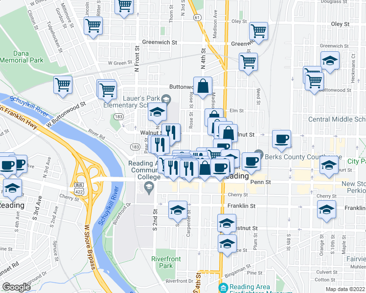 map of restaurants, bars, coffee shops, grocery stores, and more near 133 North 3rd Street in Reading