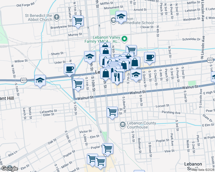 map of restaurants, bars, coffee shops, grocery stores, and more near 813 Chestnut Street in Lebanon