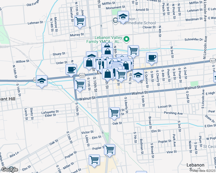 map of restaurants, bars, coffee shops, grocery stores, and more near 907 Chestnut Street in Lebanon
