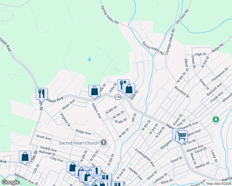 map of restaurants, bars, coffee shops, grocery stores, and more near 714 Julia Street in Jeannette