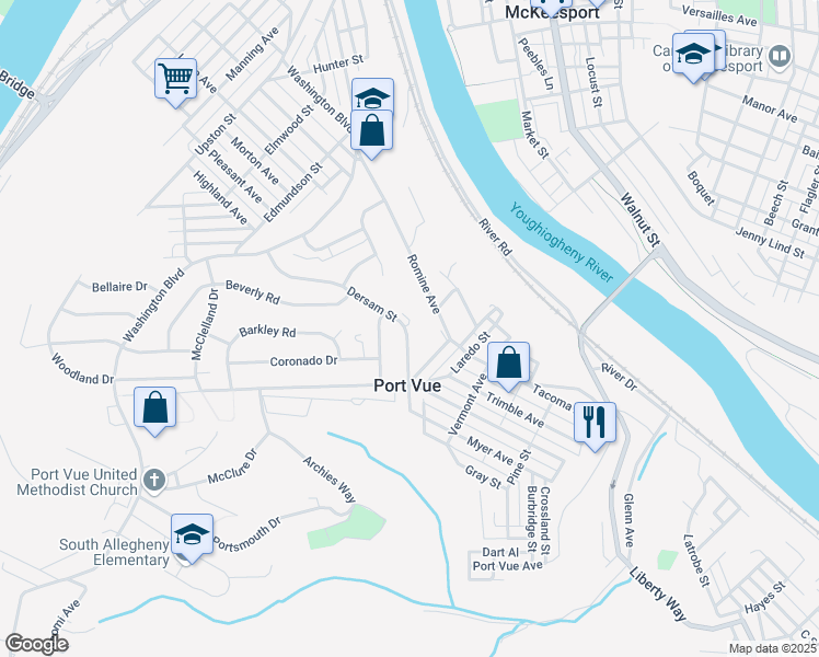map of restaurants, bars, coffee shops, grocery stores, and more near 1478 Romine Avenue in McKeesport