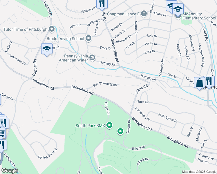 map of restaurants, bars, coffee shops, grocery stores, and more near 1065 Surrey Woods Road in Bethel Park