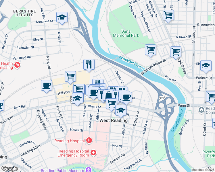 map of restaurants, bars, coffee shops, grocery stores, and more near 152 Tulpehocken Avenue in West Reading