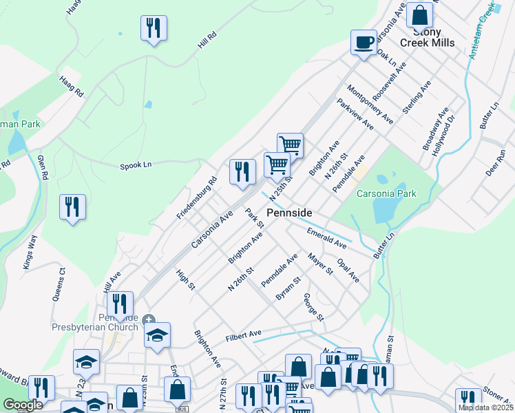 map of restaurants, bars, coffee shops, grocery stores, and more near 721 Carsonia Avenue in Reading