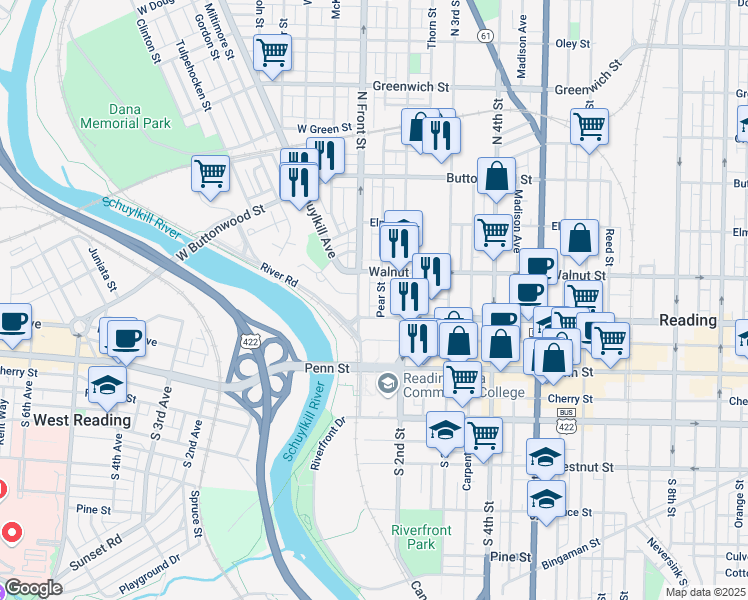 map of restaurants, bars, coffee shops, grocery stores, and more near 147 Pear Street in Reading