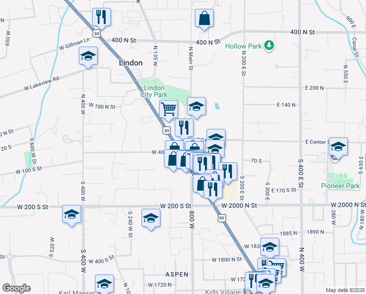map of restaurants, bars, coffee shops, grocery stores, and more near 25 South State Street in Lindon