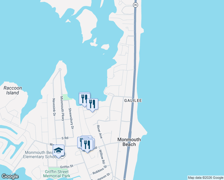 map of restaurants, bars, coffee shops, grocery stores, and more near 162 Wharfside Drive in Monmouth Beach
