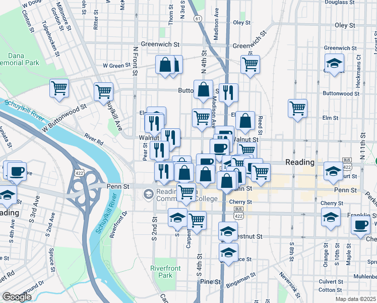 map of restaurants, bars, coffee shops, grocery stores, and more near 133 North 3rd Street in Reading