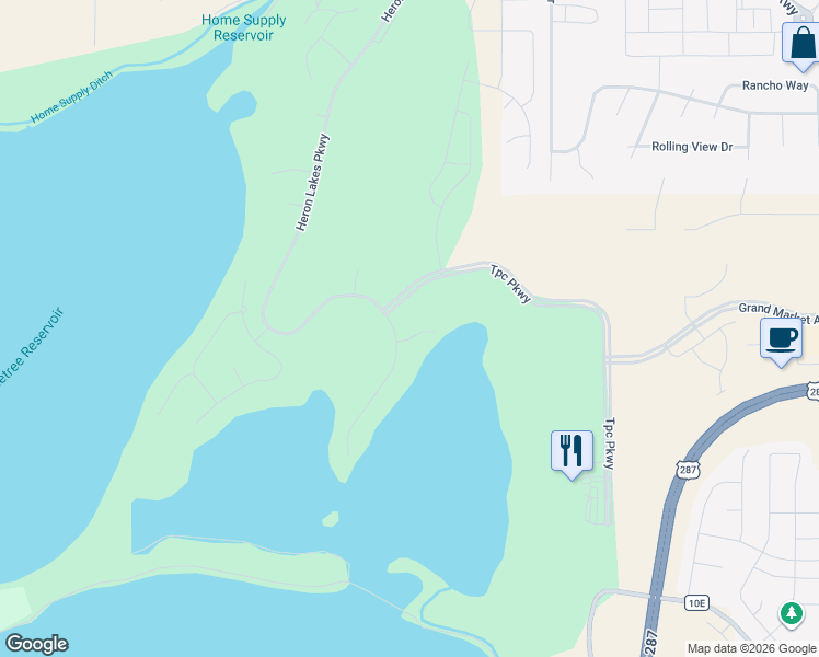 map of restaurants, bars, coffee shops, grocery stores, and more near 2703 Heron Lakes Parkway in Berthoud