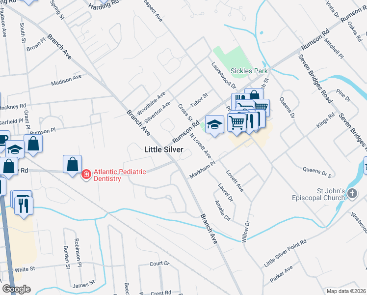 map of restaurants, bars, coffee shops, grocery stores, and more near 34 Rumson Road in Little Silver