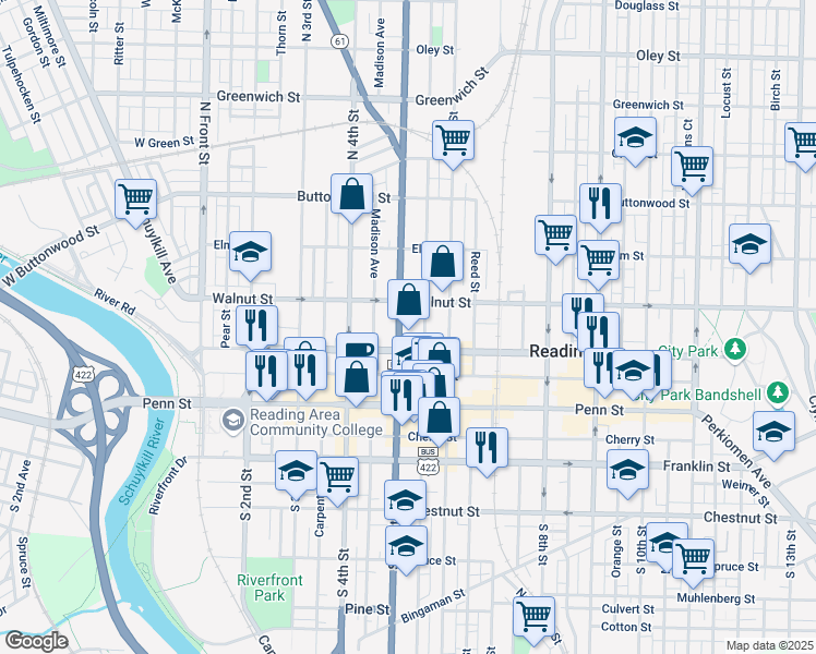 map of restaurants, bars, coffee shops, grocery stores, and more near 147 North 5th Street in Reading