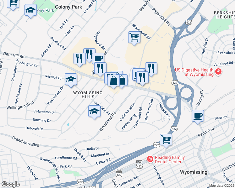 map of restaurants, bars, coffee shops, grocery stores, and more near in Wyomissing