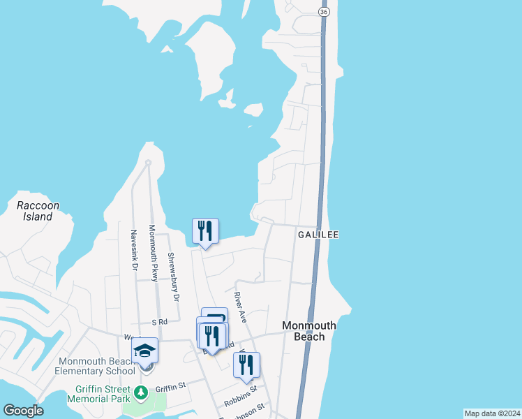 map of restaurants, bars, coffee shops, grocery stores, and more near 141 Wharfside Drive in Monmouth Beach