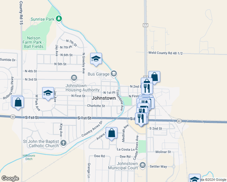 map of restaurants, bars, coffee shops, grocery stores, and more near 115 North Denver Avenue in Johnstown