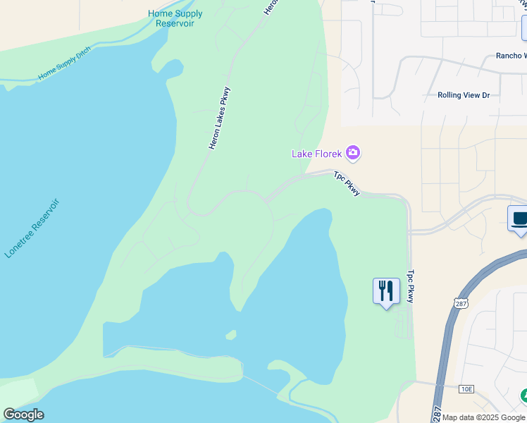 map of restaurants, bars, coffee shops, grocery stores, and more near 2703 Heron Lakes Parkway in Berthoud