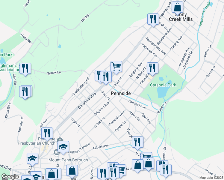 map of restaurants, bars, coffee shops, grocery stores, and more near 737 North 25th Street in Reading