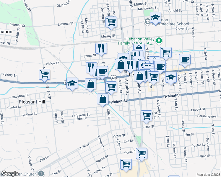 map of restaurants, bars, coffee shops, grocery stores, and more near 1135 Chestnut Street in Lebanon